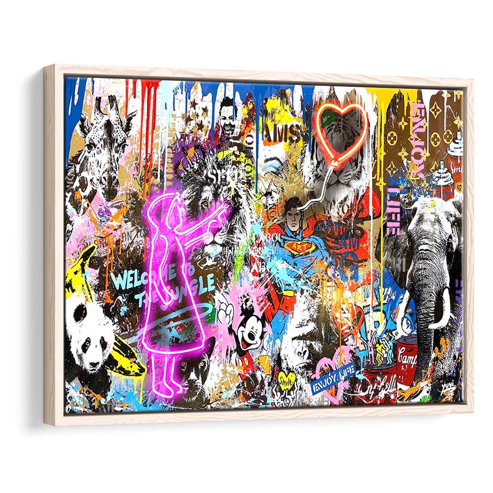 Girl With Balloon Graffiti Art Print, Framed Canvas Print Wall Art Decor, Floating Frame, Neon Effect Art