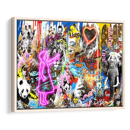 Girl With Balloon Graffiti Art Print, Framed Canvas Print Wall Art Decor, Floating Frame, Neon Effect Art