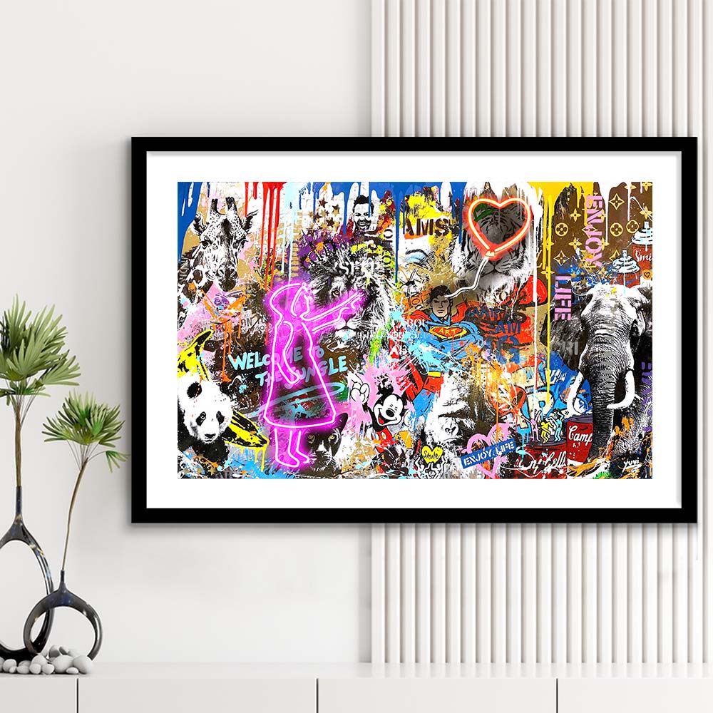 Girl With Balloon Graffiti Art Print, Framed Art Print Wall Decor, White Border, Framed Picture