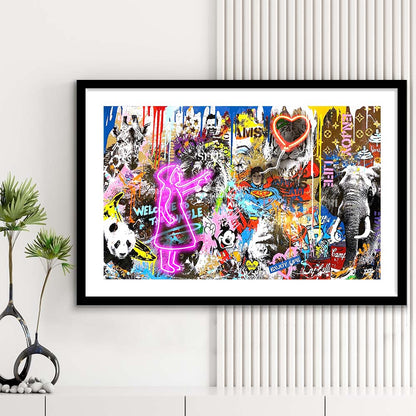 Girl With Balloon Graffiti Art Print, Framed Art Print Wall Decor, White Border, Framed Picture