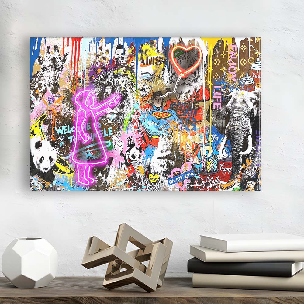 Girl With Balloon Graffiti Art Print, Canvas Print Wall Art, Wall Decor, Neon Effect Art