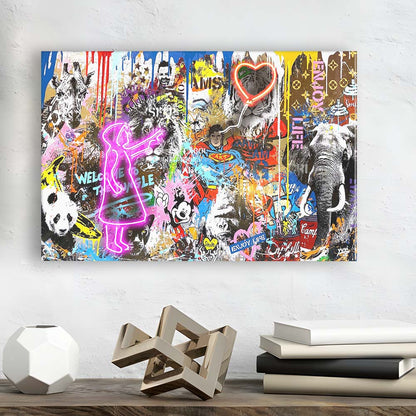 Girl With Balloon Graffiti Art Print, Canvas Print Wall Art, Wall Decor, Neon Effect Art