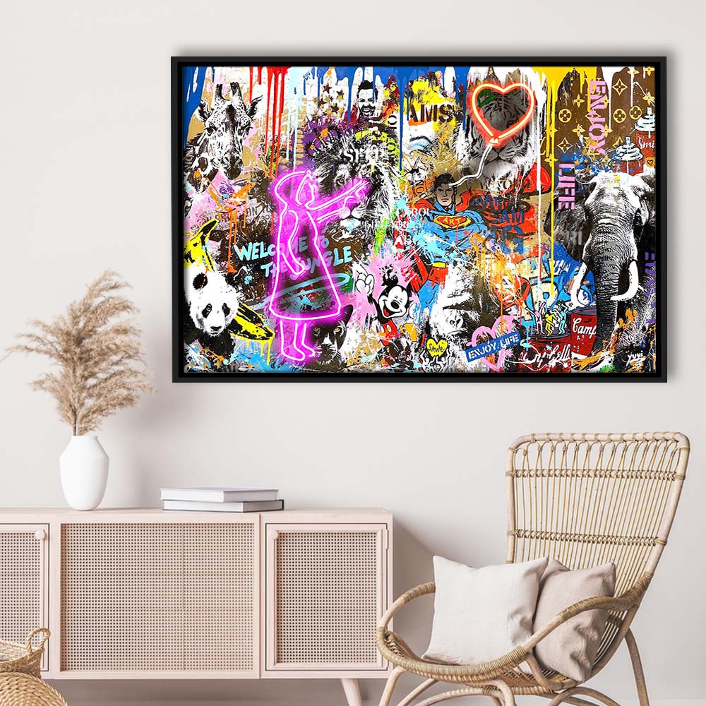 Girl With Balloon Graffiti Art Print, Framed Canvas Print Wall Art Decor, Floating Frame, Neon Effect Art