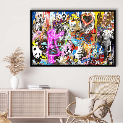 Girl With Balloon Graffiti Art Print, Framed Canvas Print Wall Art Decor, Floating Frame, Neon Effect Art