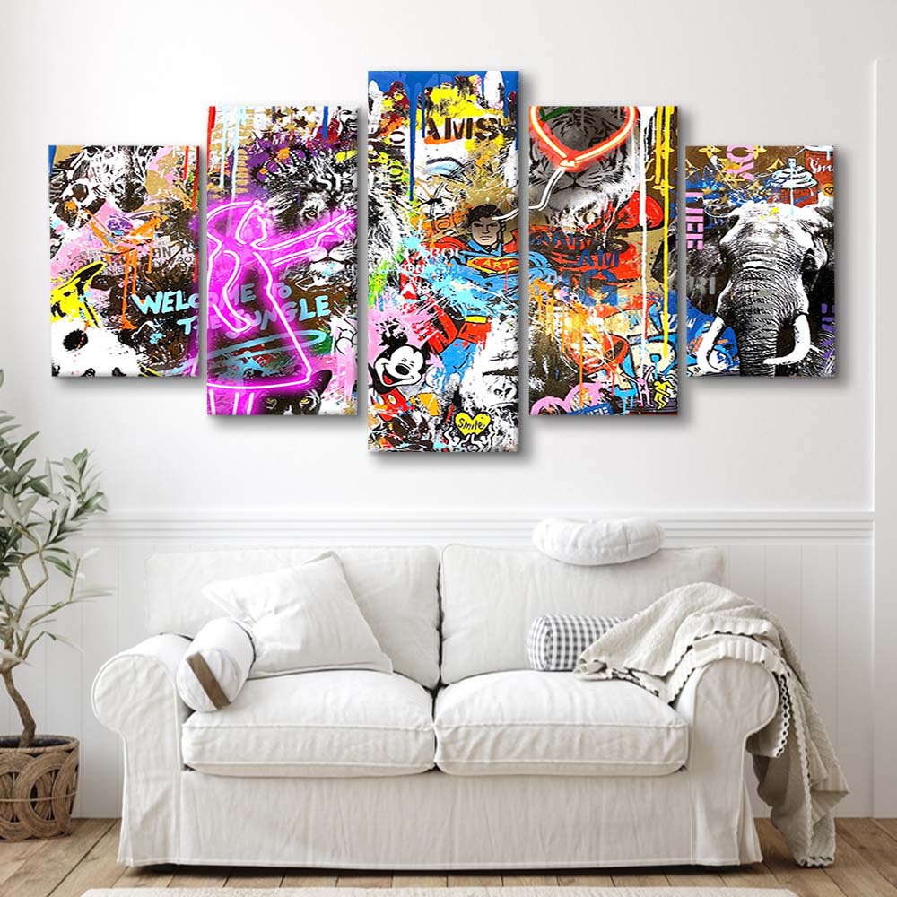 Girl With Balloon Graffiti Art Print, 5 Panel Mixed Canvas Print Wall Art, Home Decor, Neon Canvas