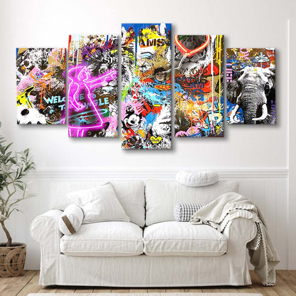 Girl With Balloon Graffiti Art Print, 5 Panel Mixed Canvas Print Wall Art, Home Decor, Neon Canvas