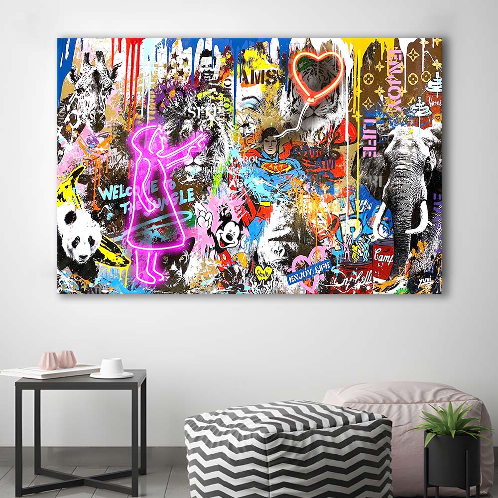 Girl With Balloon Graffiti Art Print, Canvas Print Wall Art, Wall Decor, Neon Effect Art