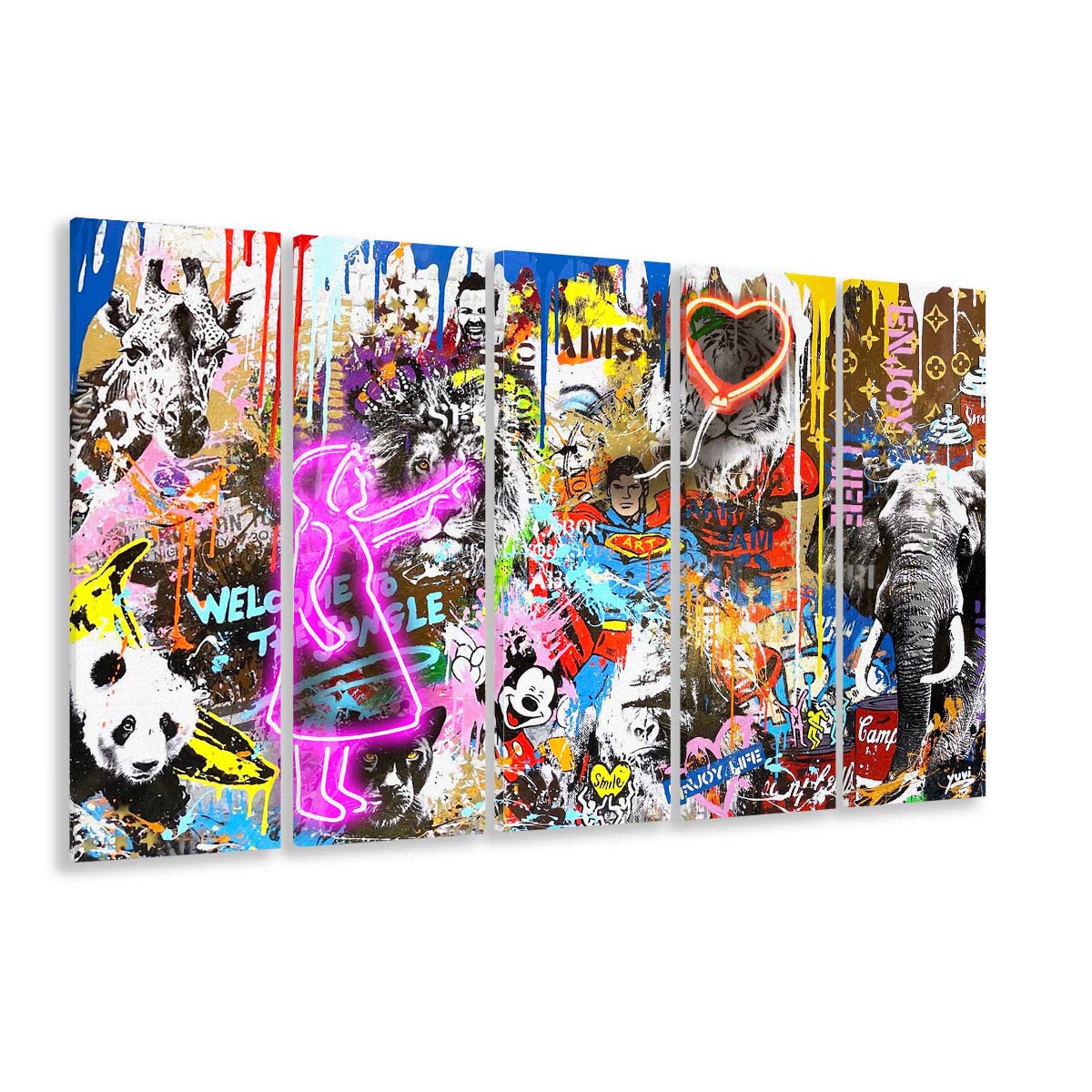 Girl With Balloon Graffiti Art Print, Extra Large 5 Panels Multi Canvas Print Wall Art, Home Decor