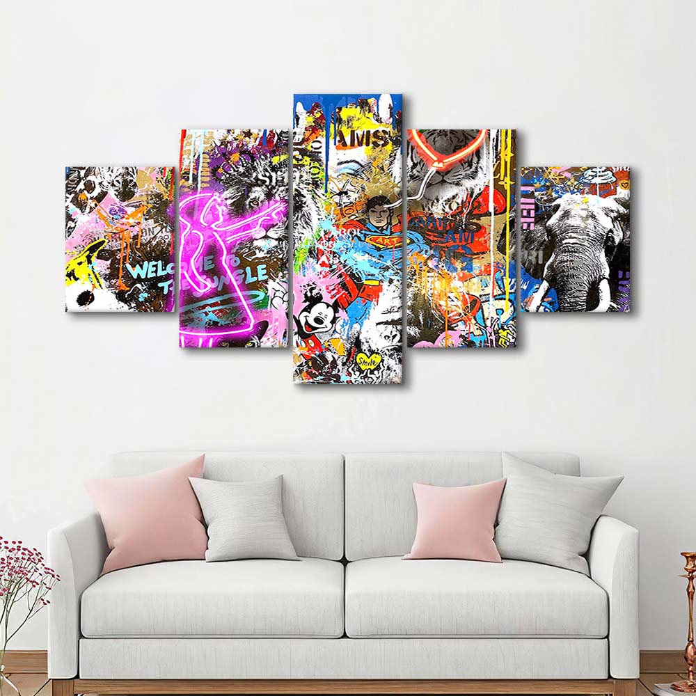 Girl With Balloon Graffiti Art Print, 5 Panel Mixed Canvas Print Wall Art, Home Decor, Neon Canvas