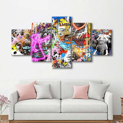 Girl With Balloon Graffiti Art Print, 5 Panel Mixed Canvas Print Wall Art, Home Decor, Neon Canvas