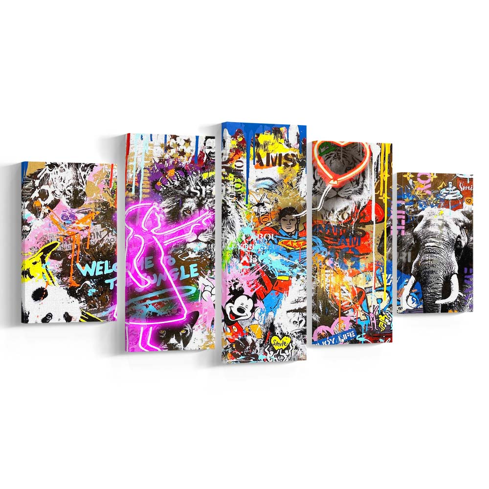 Girl With Balloon Graffiti Art Print, 5 Panel Mixed Canvas Print Wall Art, Home Decor, Neon Canvas