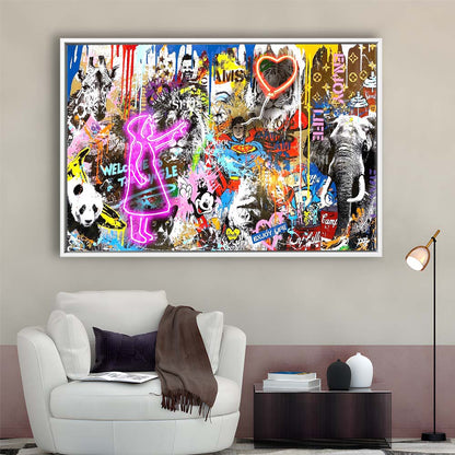 Girl With Balloon Graffiti Art Print, Framed Canvas Print Wall Art Decor, Floating Frame, Neon Effect Art