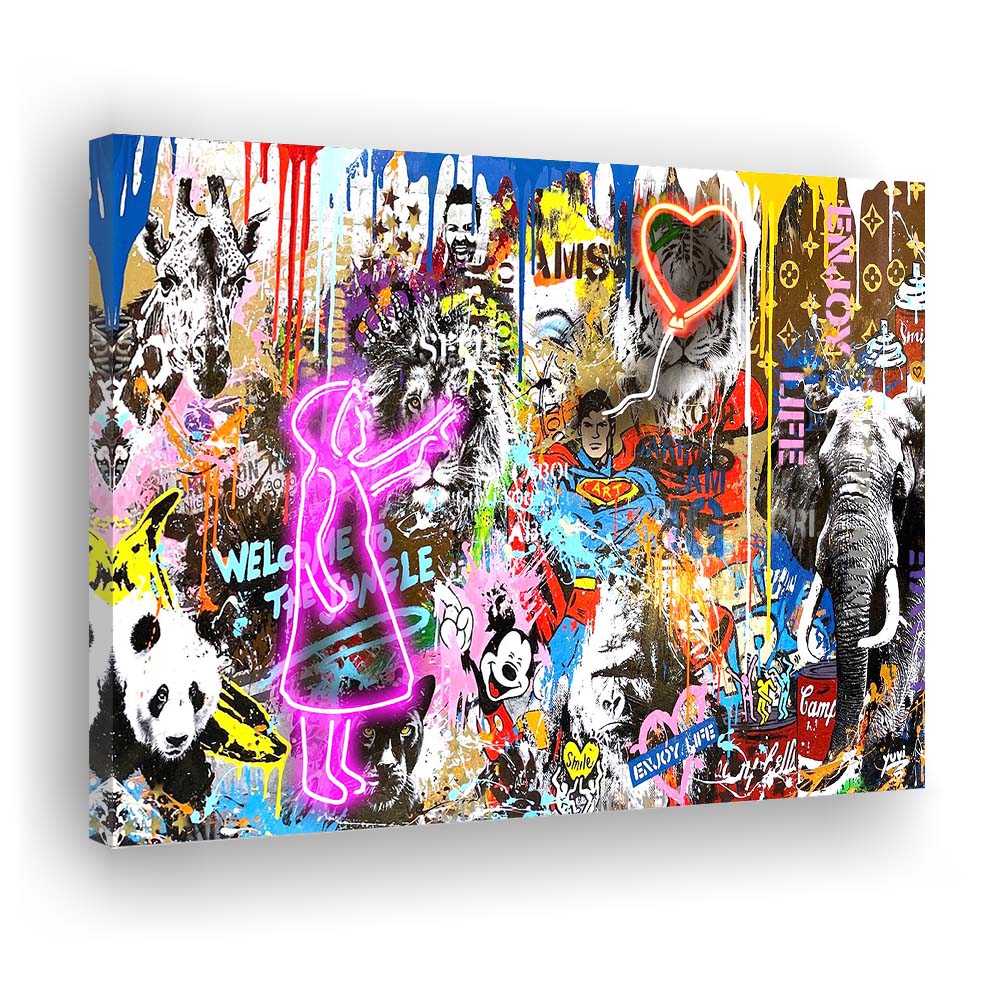 Girl With Balloon Graffiti Art Print, Canvas Print Wall Art, Wall Decor, Neon Effect Art