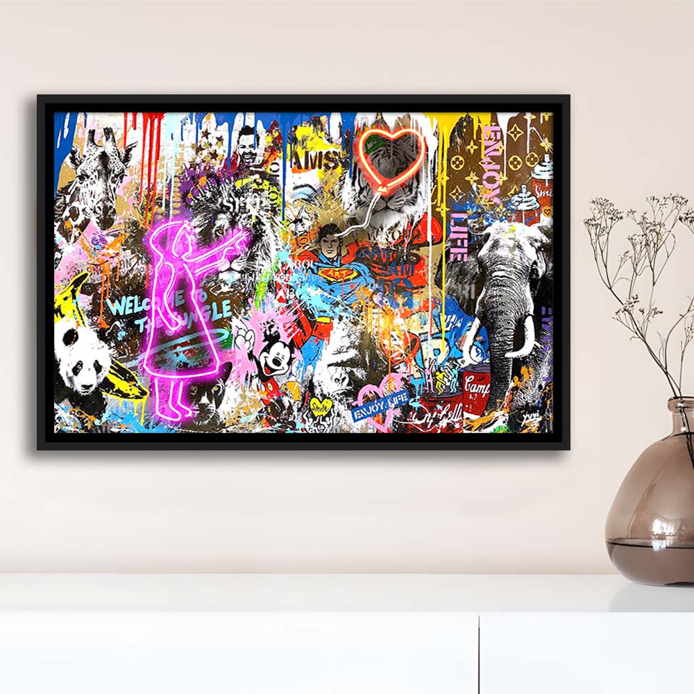 Girl With Balloon Graffiti Art Print, Framed Canvas Print Wall Art Decor, Floating Frame, Neon Effect Art
