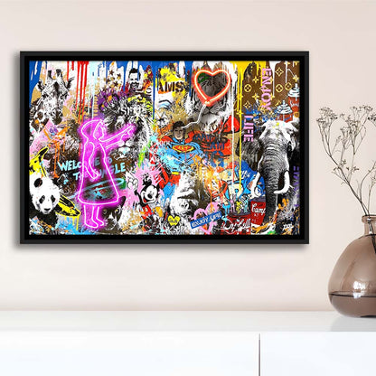 Girl With Balloon Graffiti Art Print, Framed Canvas Print Wall Art Decor, Floating Frame, Neon Effect Art