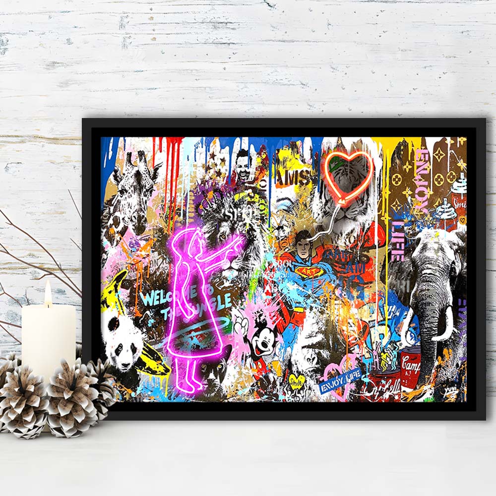 Girl With Balloon Graffiti Art Print, Framed Canvas Print Wall Art Decor, Floating Frame, Neon Effect Art