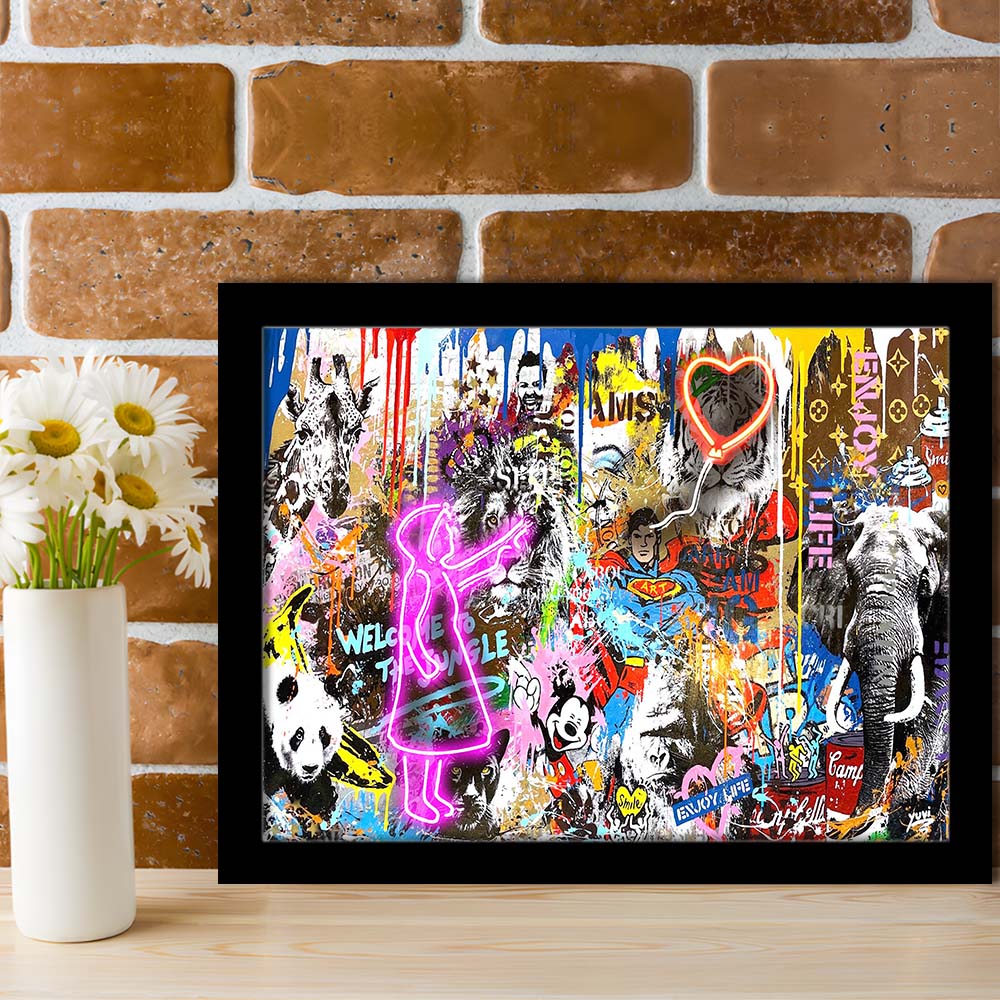 Girl With Balloon Graffiti Art Print, Framed Art Print Wall Decor, Neon Art Print, Picture Framed