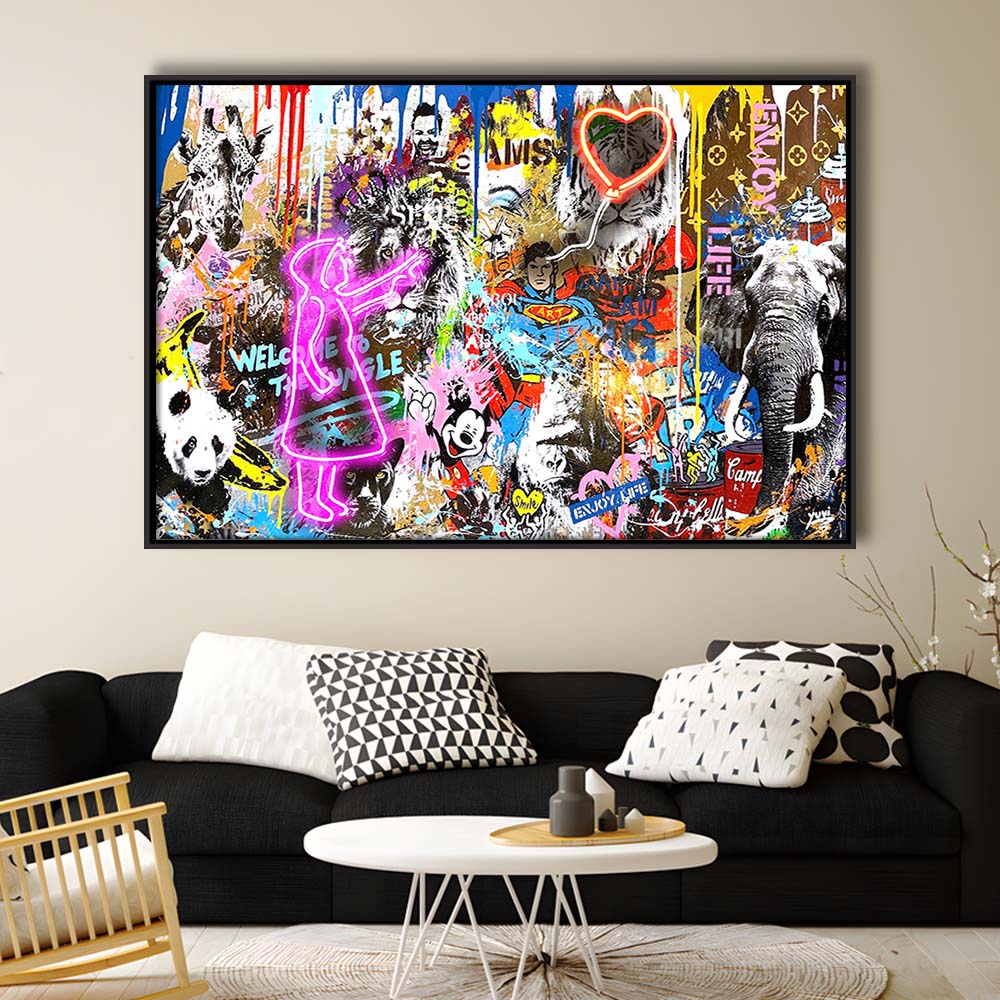 Girl With Balloon Graffiti Art Print, Framed Canvas Print Wall Art Decor, Floating Frame, Neon Effect Art