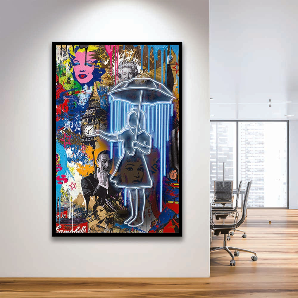 Girl With Umbrella Graffiti, Colorful Graffiti Painting Art, Framed Art Print, Picture Framed Wall Art Decor