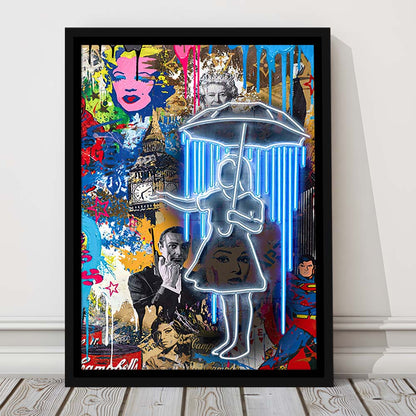 Girl With Umbrella Graffiti, Colorful Graffiti Painting Art, Framed Canvas Print, Floating Frame, Luxury Wall Art Decor
