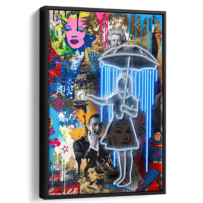 Girl With Umbrella Graffiti, Colorful Graffiti Painting Art, Framed Canvas Print, Floating Frame, Luxury Wall Art Decor