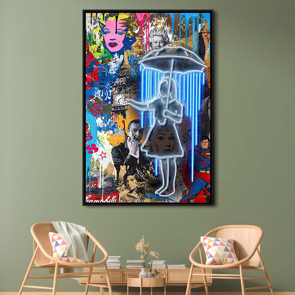 Girl With Umbrella Graffiti, Colorful Graffiti Painting Art, Framed Canvas Print, Floating Frame, Luxury Wall Art Decor