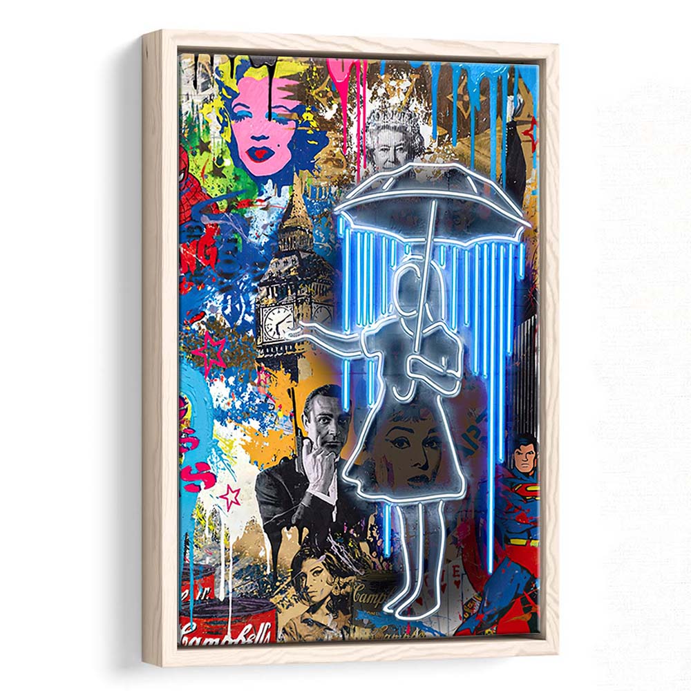 Girl With Umbrella Graffiti, Colorful Graffiti Painting Art, Framed Canvas Print, Floating Frame, Luxury Wall Art Decor