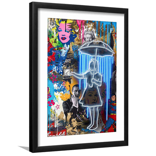 Girl With Umbrella Graffiti, Colorful Graffiti Painting Art, Framed Art Print, Luxury Pictures Framed, White Border