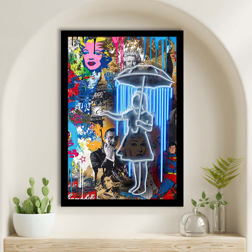 Girl With Umbrella Graffiti, Colorful Graffiti Painting Art, Framed Art Print, Picture Framed Wall Art Decor
