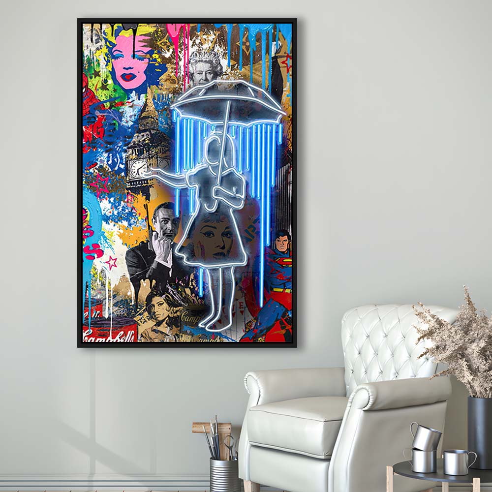 Girl With Umbrella Graffiti, Colorful Graffiti Painting Art, Framed Canvas Print, Floating Frame, Luxury Wall Art Decor