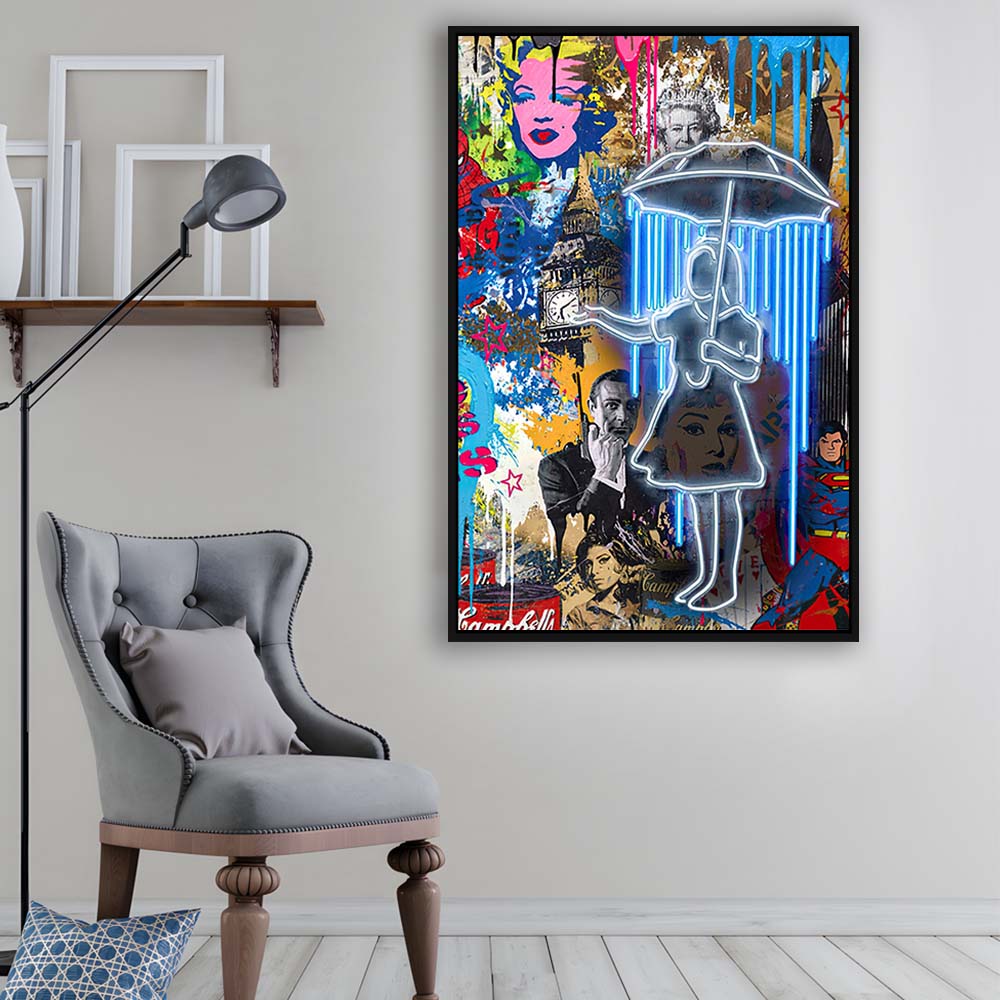 Girl With Umbrella Graffiti, Colorful Graffiti Painting Art, Framed Canvas Print, Floating Frame, Luxury Wall Art Decor