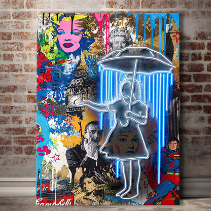 Girl With Umbrella Graffiti, Colorful Graffiti Painting Art, Canvas Print, Luxury Wall Art Decor, Modern Art