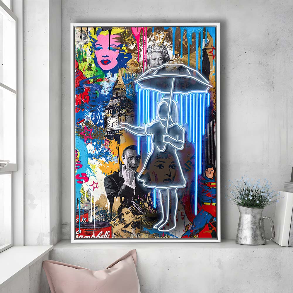 Girl With Umbrella Graffiti, Colorful Graffiti Painting Art, Framed Canvas Print, Floating Frame, Luxury Wall Art Decor