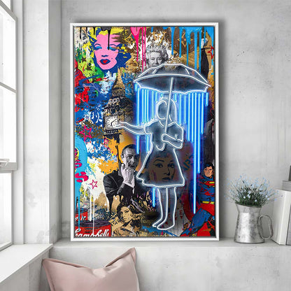 Girl With Umbrella Graffiti, Colorful Graffiti Painting Art, Framed Canvas Print, Floating Frame, Luxury Wall Art Decor