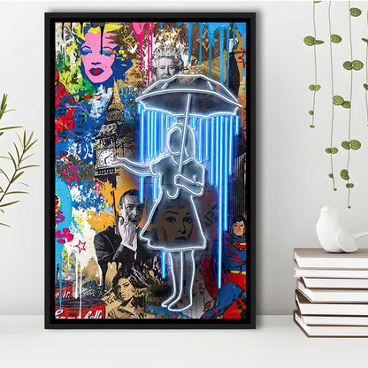 Girl With Umbrella Graffiti, Colorful Graffiti Painting Art, Framed Canvas Print, Floating Frame, Luxury Wall Art Decor