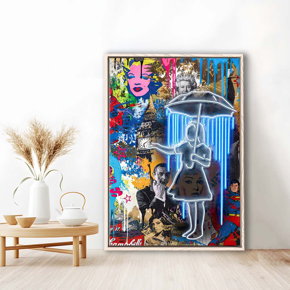 Girl With Umbrella Graffiti, Colorful Graffiti Painting Art, Framed Canvas Print, Floating Frame, Luxury Wall Art Decor