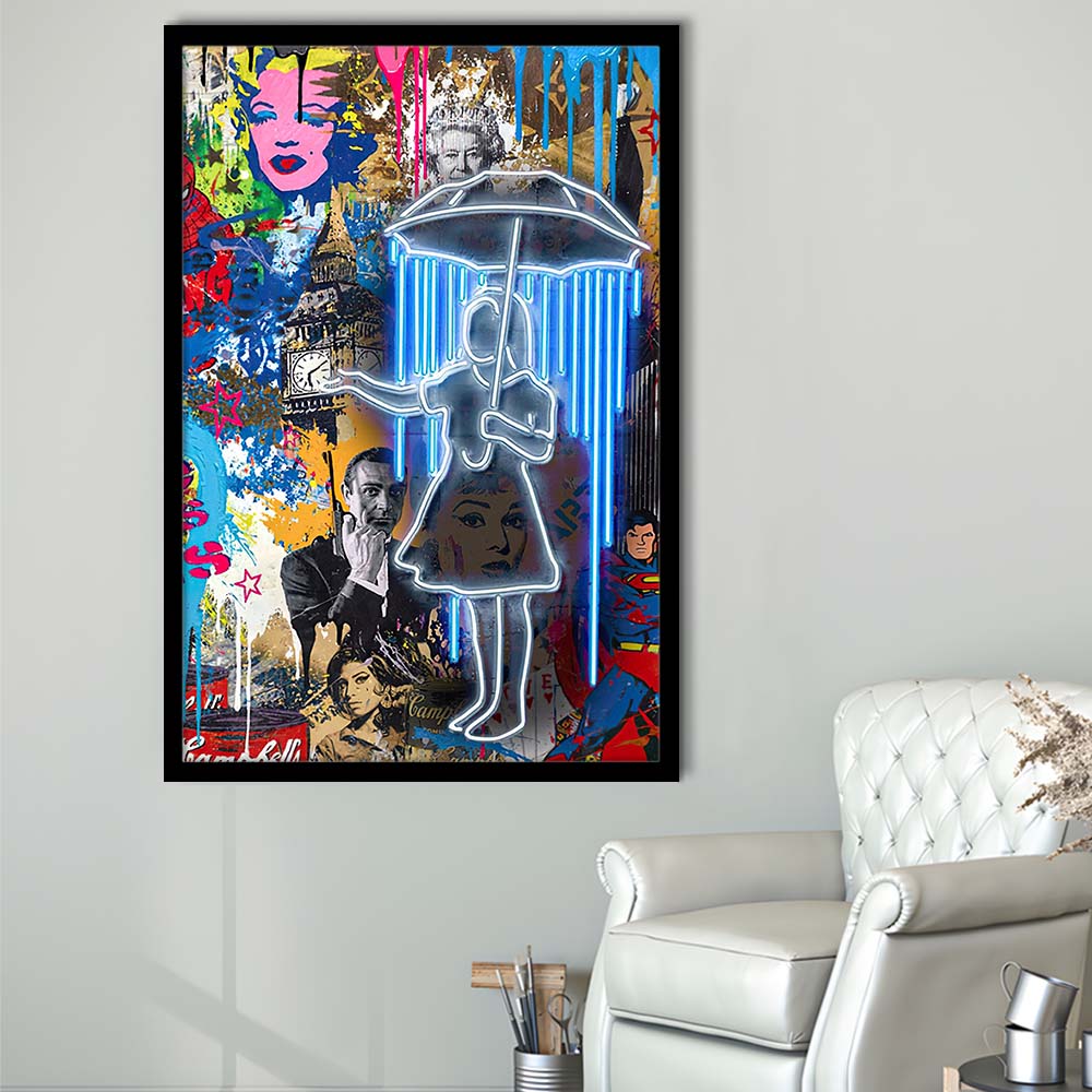 Girl With Umbrella Graffiti, Colorful Graffiti Painting Art, Framed Art Print, Picture Framed Wall Art Decor