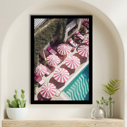 Glamorous Pool Print Pink And White Beach Umbrella Print Beach Wall Art, Framed Art Prints Wall Decor