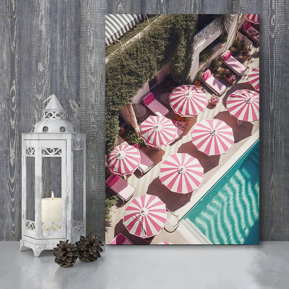 Glamorous Pool Print Pink And White Beach Umbrella Print Beach Wall Art, Canvas Prints Wall Art