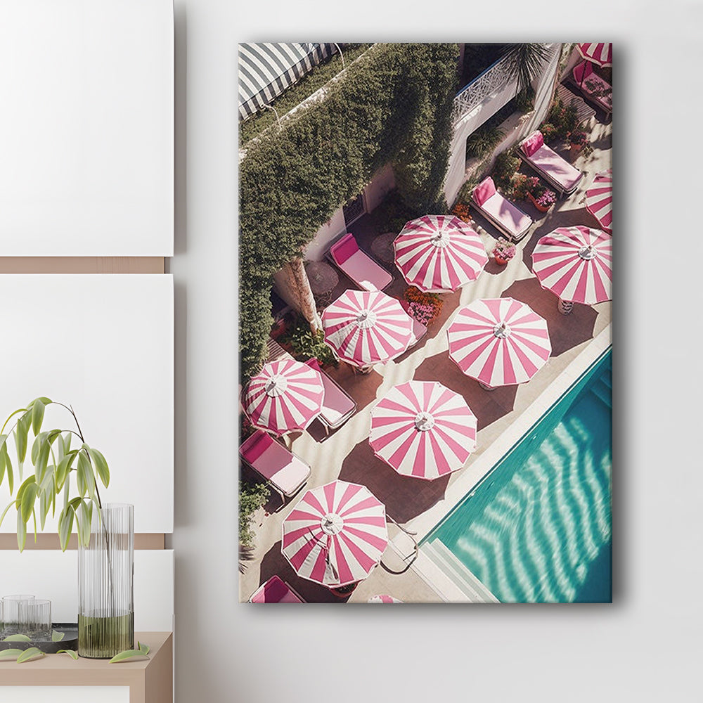 Glamorous Pool Print Pink And White Beach Umbrella Print Beach Wall Art, Canvas Prints Wall Art