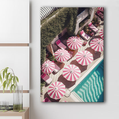 Glamorous Pool Print Pink And White Beach Umbrella Print Beach Wall Art, Canvas Prints Wall Art