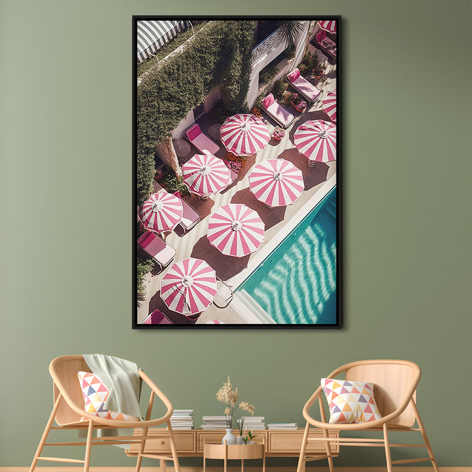 Glamorous Pool Print Pink And White Beach Umbrella Print Beach Wall Art, Framed Canvas Prints Wall Art