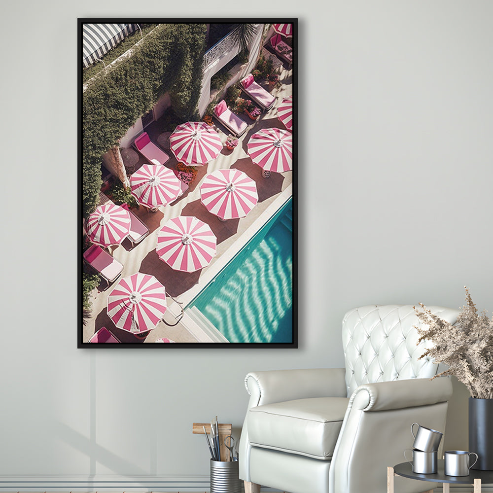 Glamorous Pool Print Pink And White Beach Umbrella Print Beach Wall Art, Framed Canvas Prints Wall Art