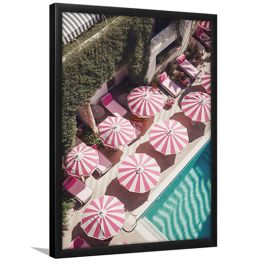Glamorous Pool Print Pink And White Beach Umbrella Print Beach Wall Art, Framed Art Prints Wall Decor