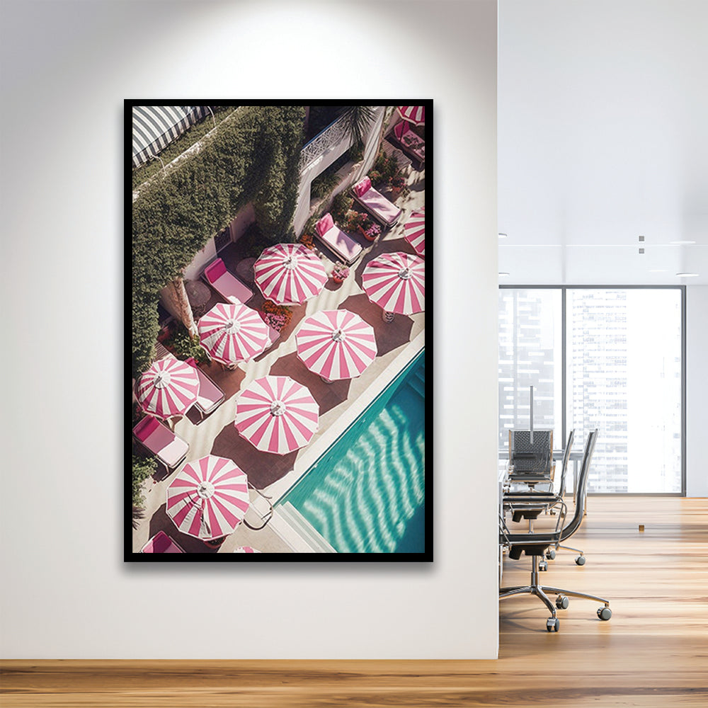 Glamorous Pool Print Pink And White Beach Umbrella Print Beach Wall Art, Framed Art Prints Wall Decor