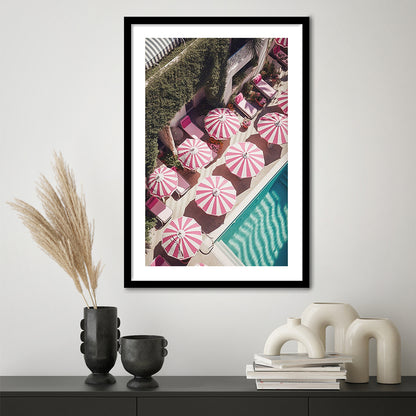 Glamorous Pool Print Pink And White Beach Umbrella Print Beach Wall Art, Framed Art Prints White Border Wall Decor