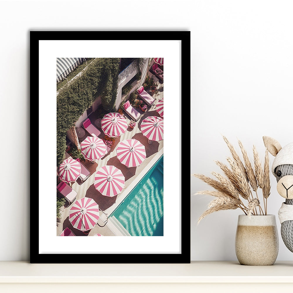 Glamorous Pool Print Pink And White Beach Umbrella Print Beach Wall Art, Framed Art Prints White Border Wall Decor