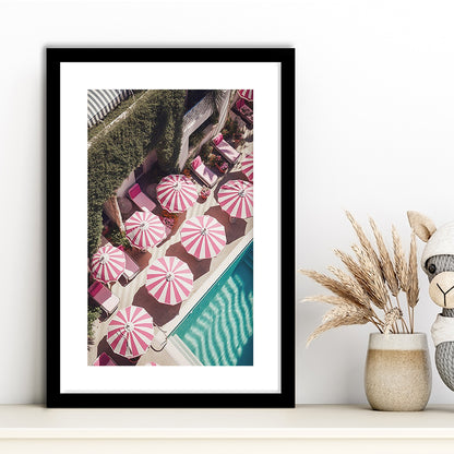Glamorous Pool Print Pink And White Beach Umbrella Print Beach Wall Art, Framed Art Prints White Border Wall Decor