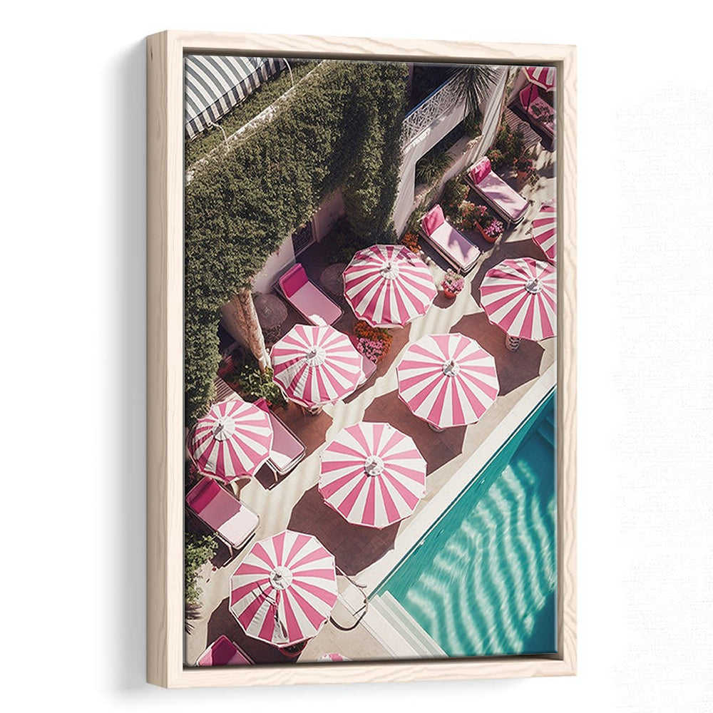 Glamorous Pool Print Pink And White Beach Umbrella Print Beach Wall Art, Framed Canvas Prints Wall Art