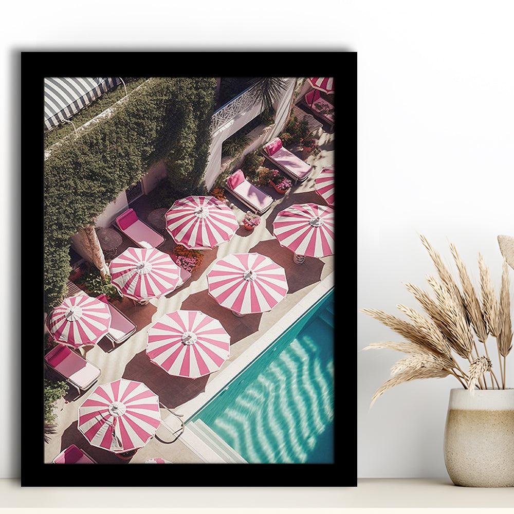 Glamorous Pool Print Pink And White Beach Umbrella Print Beach Wall Art, Framed Art Prints Wall Decor